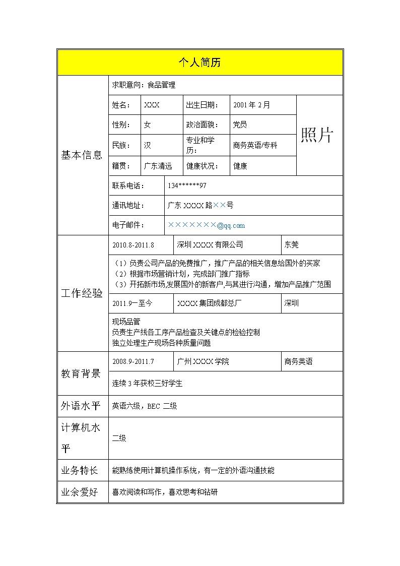 5479_食品管理品质管理类岗位求职简历模板  - 电子商务简历模板